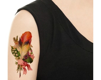 Tatouage temporaire - plumes vintage / plumes de paon / plumes aquarelles / plumes noires / tatouage Flash