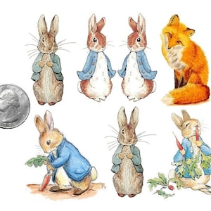 May include: Watercolor illustrations of Peter Rabbit and a fox. Peter Rabbit is depicted in various poses, wearing a blue jacket, holding a carrot, and standing. A U.S. quarter is included for size reference. The fox is orange and brown.