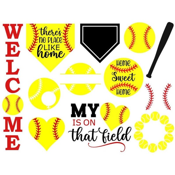 Bundle SVG de softball, panneaux de softball SVG, cadres monogramme, téléchargement numérique/fichier de découpe, sublimation, clipart (12 fichiers svg/png/dxf)