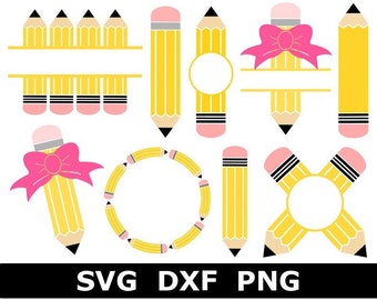 Pencil SVG/PNG Bundle, School, Monogram Frame, Pencil Name Frame, Instant Download, Cut Files, Sublimation, Clipart, 9 Designs