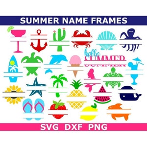 Bundle SVG d'été, Split nom cadres SVG, plage SVG, téléchargement numérique, couper des fichiers, sublimation, clipart (25 fichiers svg/png/dxf)