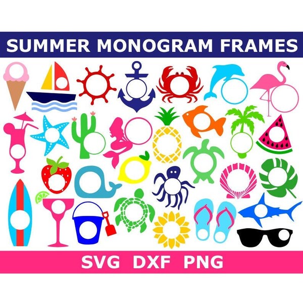 Summer SVG Bundle, Monogram SVG Bundle, Monogram Frames, Digital Download/Cut Files, Sublimation, Clip Art (30 individual svg/png/dxf files)