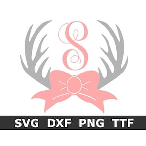 Monogram SVG + TTF Alphabet + Antler Bow Topper, Digital Download, Cut File, Sublimation, Clip Art (54 svg/png/dxf files + TTF file)