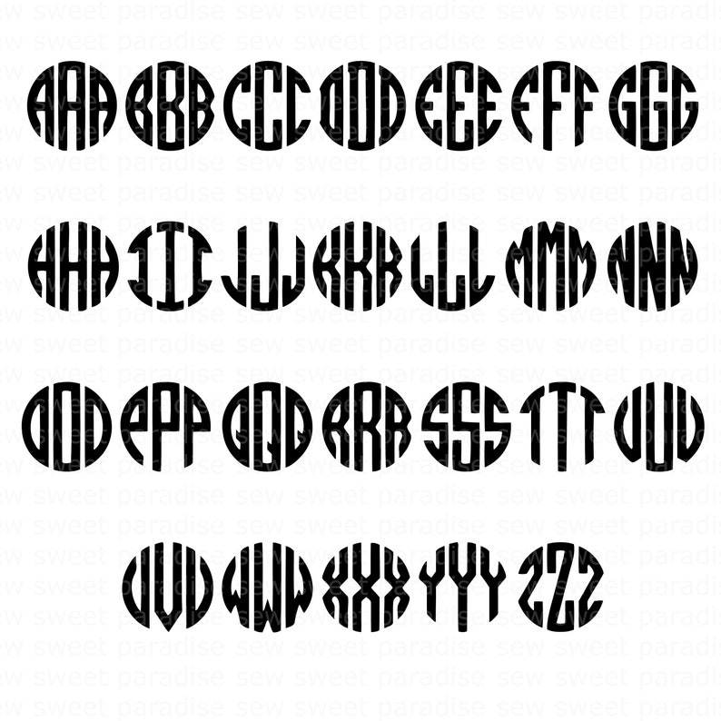 Puede incluir: Letras de monograma negras de la A a la Z en un dise&ntilde;o circular. Cada letra est&aacute; dentro de un c&iacute;rculo con un patr&oacute;n de rayas verticales. Las letras son en negrita, sin serifa.