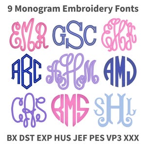 Könnte beinhalten: Eine digitale Anzeige von 9 Monogramm-Stickschriften mit verschiedenen Buchstabenkombinationen in Pink, Lila und Blau. Der Text 9 Monogram Embroidery Fonts steht oben und BX DST EXP HUS JEF PES VP3 XXX ist unten aufgedruckt.