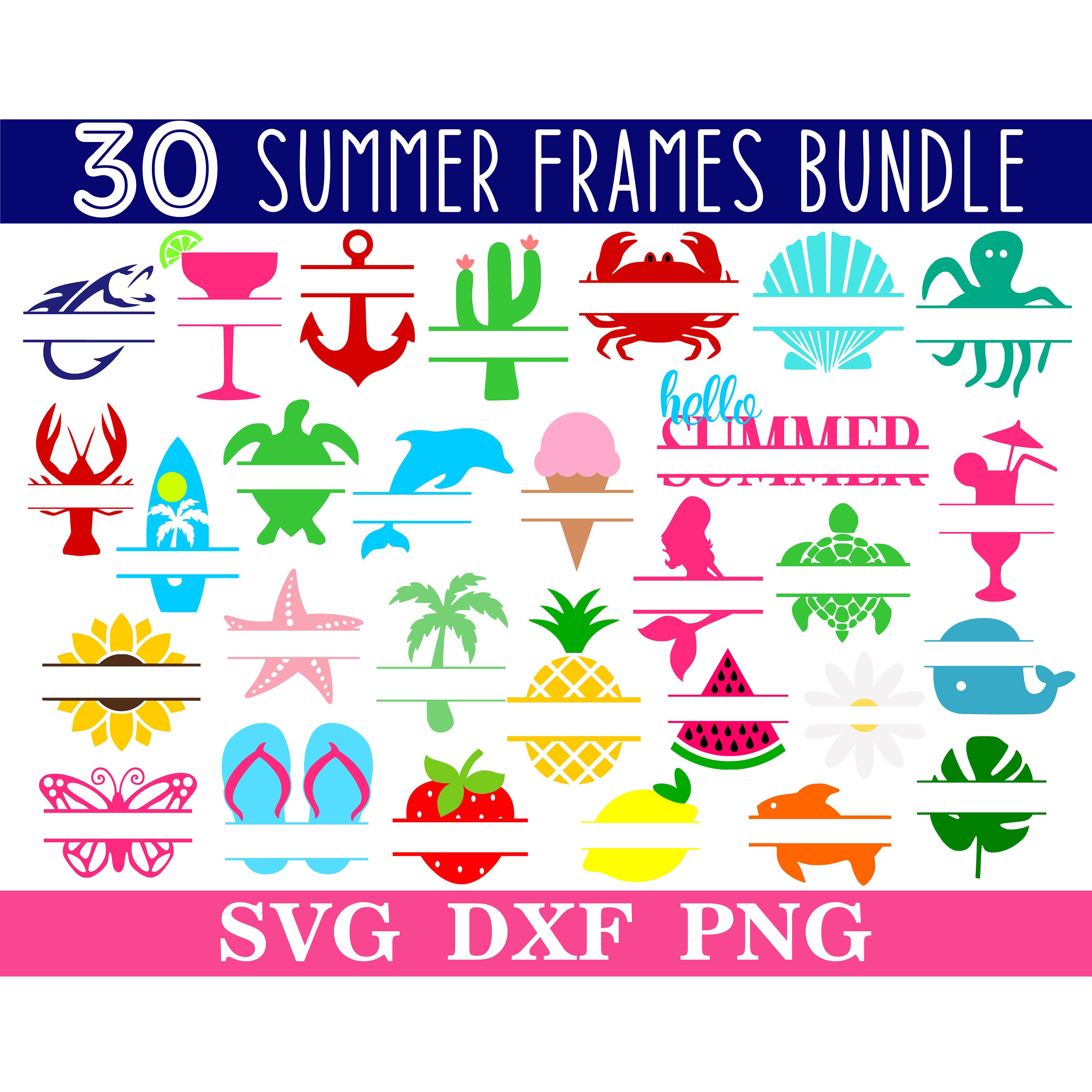 Summer SVG/PNG Bundle, Split Name Frames SVG, Beach, Instant Download, Cut Files, Sublimation, Clipart, 30 Designs