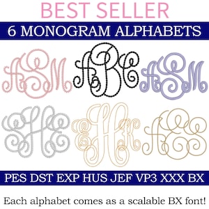 May include: Image features six monogram alphabets in various styles and colors, including pink, black, and gold. The text "BEST SELLER" and "6 MONOGRAM ALPHABETS" are displayed at the top. The bottom text reads "Each alphabet comes as a scalable BX font!"