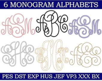 Puede incluir: Imagen que presenta seis alfabetos de monogramas en varios estilos y colores, incluyendo rosa, negro y dorado. El texto "BEST SELLER" y "6 MONOGRAM ALPHABETS" se muestran en la parte superior. El texto inferior dice "Each alphabet comes as a scalable BX font!"