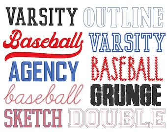 May include: An image showcasing ten different baseball fonts in various styles. The fonts include "Varsity," "Outline," "Baseball," "Varsity," "Agency," "Baseball," "Grunge," "Sketch," and "Double." The text is in red, black, blue, and white.