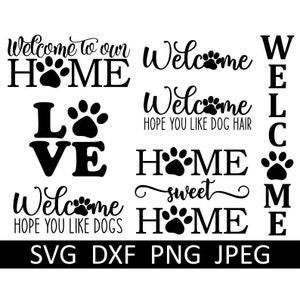 Pacchetto SVG/PNG per cani, impronta di zampa di benvenuto SVG, cartello per portico, download digitale, file tagliati, sublimazione, clipart, 7 design