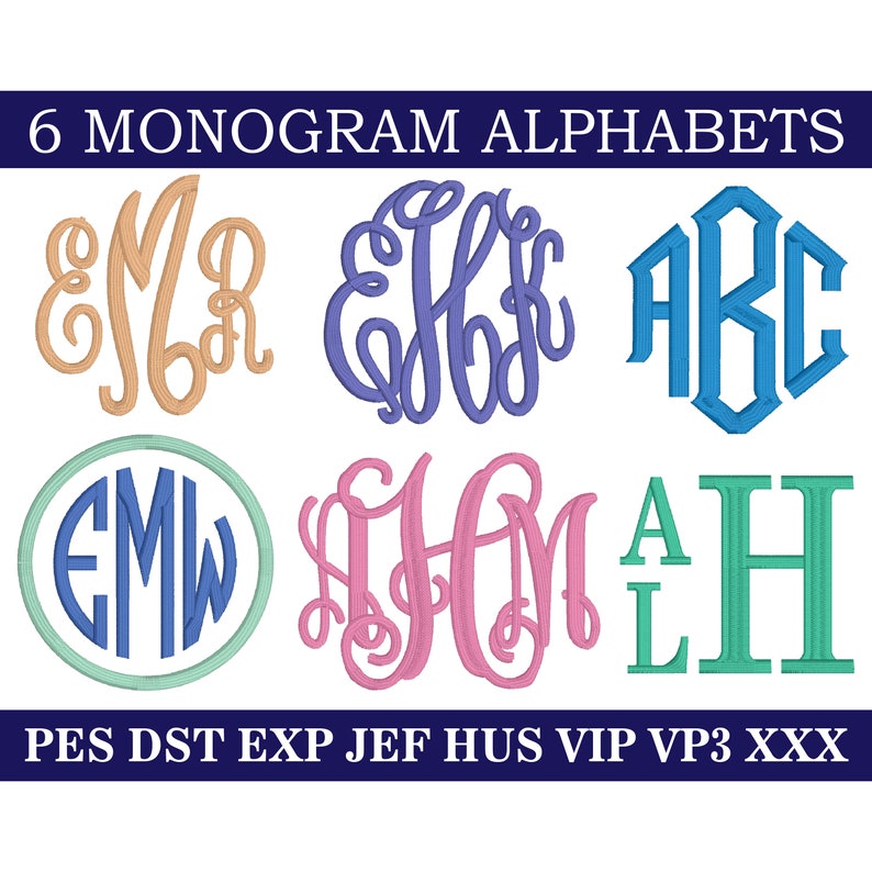 6 embroidery monogram alphabet designs for machine embroidery in PES DST EXP JEF HUS VIP VP3 XXX