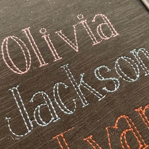Op de afbeelding: Close-up van een donkergrijze stof met geborduurde namen. De naam "Olivia" is in roze geborduurd, "Jackson" in lichtblauw en "Evan" in oranje. De borduursels hebben een dubbele lijn.