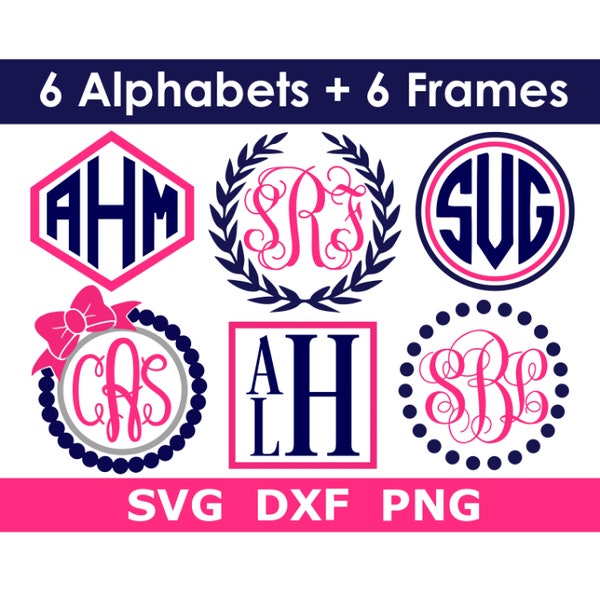 Paquete SVG de monograma, 6 alfabetos de monograma + 6 marcos, monograma de vacaciones, descarga instantánea, archivos de corte SVG (archivos individuales svg/png/dxf)