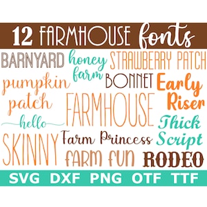 12 boerderijlettertypen, scriptlettertype, herfstlettertype, schoollettertype, direct downloaden, 12 svg, 12 dxf, 12 png + 12 OTF/TTF-bestanden