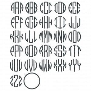 Op de afbeelding: Een verzameling monogramontwerpen in donkergrijze kleur. Elk monogram is omsloten in een cirkel, met drie letters erin. De letters zijn gestileerd met een dik, vetgedrukt lettertype. De monogrammen zijn gerangschikt in rijen en kolommen.