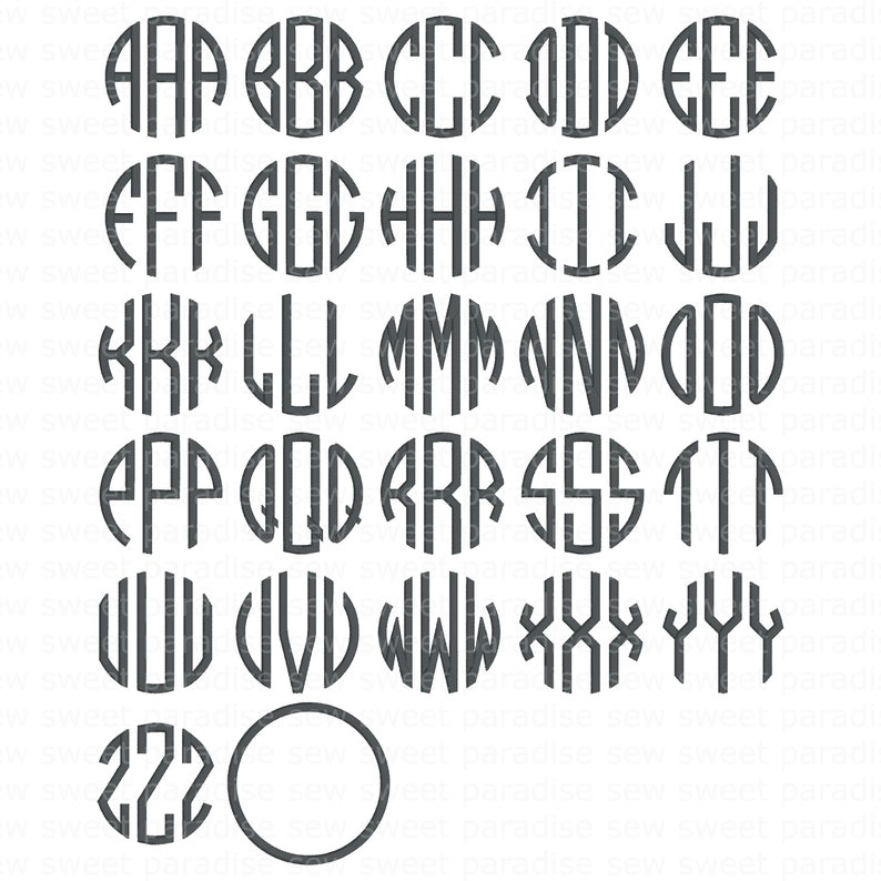 Op de afbeelding: Een verzameling monogramontwerpen in donkergrijze kleur. Elk monogram is omsloten in een cirkel, met drie letters erin. De letters zijn gestileerd met een dik, vetgedrukt lettertype. De monogrammen zijn gerangschikt in rijen en kolommen.