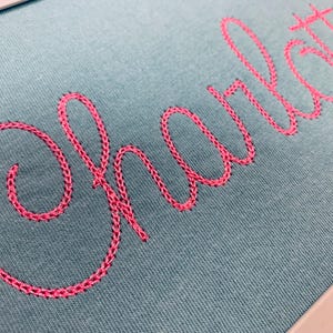 Puede incluir: Primer plano de una tela azul claro con el nombre "Charlotte" bordado en hilo rosa brillante. La escritura cursiva está cosida con un patrón detallado y texturizado, creando un diseño visualmente atractivo.