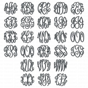 Op de afbeelding: Een verzameling van 25 donkergrijze monogramontwerpen in een verscheidenheid aan elegante, zwierige lettertypen. Elk monogram bevat drie verweven letters, perfect voor gepersonaliseerde cadeaus of knutselprojecten. De ontwerpen zijn gerangschikt in een rasterpatroon.