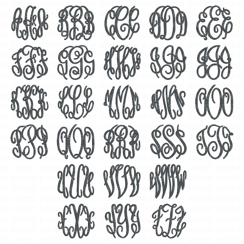 Op de afbeelding: Een verzameling van 25 donkergrijze monogramontwerpen in een verscheidenheid aan elegante, zwierige lettertypen. Elk monogram bevat drie verweven letters, perfect voor gepersonaliseerde cadeaus of knutselprojecten. De ontwerpen zijn gerangschikt in een rasterpatroon.