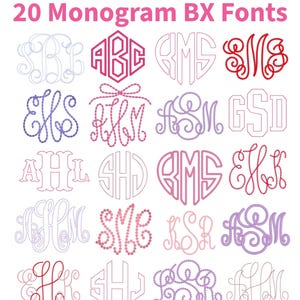 20 Machine Embroidery Monogram BX Font Bundle: Chain, Bean, Satin Stitch, Heart Applique, Pearls, BX Format ONLY! (Instant Download)
