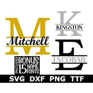 Split Monogramm SVG + TTF Alphabet, Split Monogramm Schriftart + 15 Namen Schriftarten, Sofortdownload, Gravur, 26 Dateien + TTF-Datei