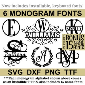 Monogram Font SVG Bundle, TTF Fonts, 6 Monogram Fonts + 15 Name Fonts, Instant Download (individual svg/png/dxf files + installable TTF)