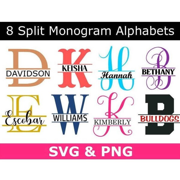 Split Monogram SVG/PNG, 8 Split Monogram Frame Alphabet+ 15 Name Fonts, Instant Download, Cut Files, Engraving (individual svg & png files)