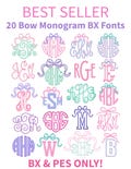 20 Bow Monogram BX Embroidery Fonts Bundle: Boutique Satin Stitch Alphabets BX and PES, Instant Download