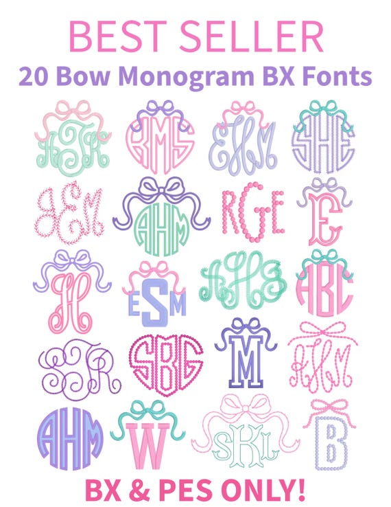 24 Bow Monogram BX Embroidery Fonts Bundle: Boutique Satin Stitch Alphabets BX & PES, Instant Download