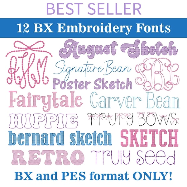 12 BX Embroidery Fonts Bundle: Bean Stitch, Kids Sketch, Bow Monogram, BX and PES Format (Instant Download)