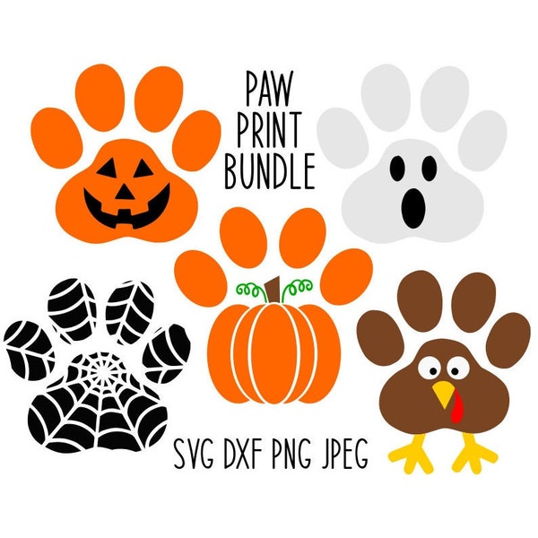 Paw Print SVG Bundle, Dog Bandana SVG, Jack-o-lantern, Pumpkin, Turkey, Digital Download, Cut Files, Sublimation (5 svg/dxf/png/jpeg files)
