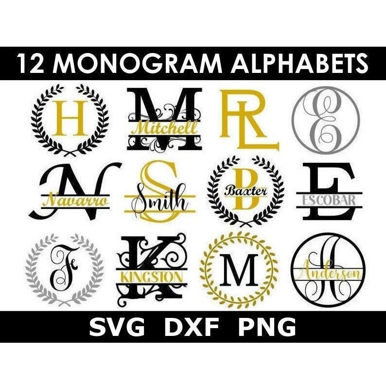 Monogram Bundle SVG/DXF/PNG, 12 Monogram Alphabets, Family Monogram, Engraving, Digital Download, individual letter svg/dxf/png files 