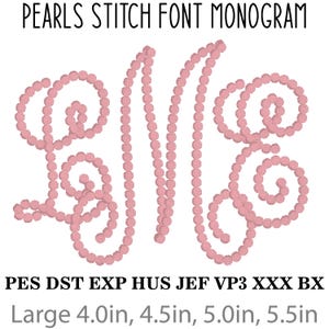 Pode incluir: Um monograma em uma fonte de ponto de pérola. As letras são de cor rosa. As letras são "M" e "B". A imagem inclui o texto "PEARLS STITCH FONT MONOGRAM", "PES DST EXP HUS JEF VP3 XXX BX", e "Large 4.0in, 4.5in, 5.0in, 5.5in".