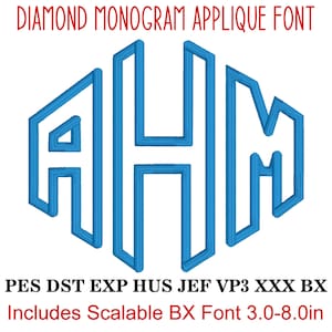 Diamond Monogram Applique Embroidery Font, MACHINE EMBROIDERY, Diamond Monogram Outline, Satin Stitch, BX Font Scalable 3.0-8.0 inches