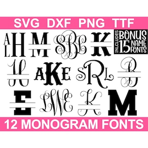 12 Monogram SVG Bundle + Installable TTF, 12 Monogram Fonts + 15 Name Fonts, Instant Download, Cut Files (svg/png/dxf + Installable ttf)