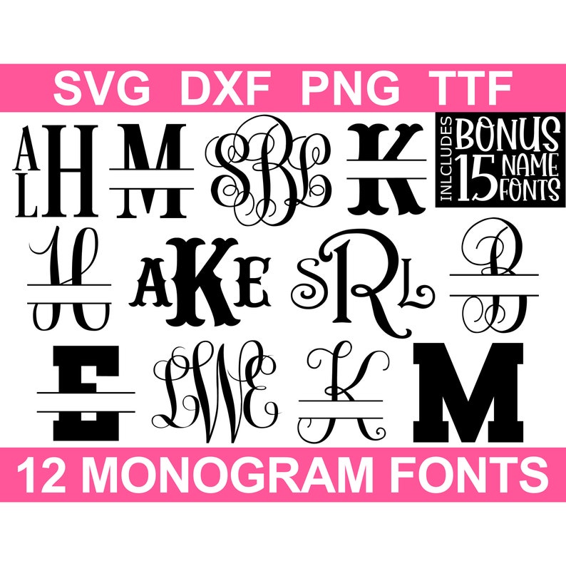 12 Monogram SVG Bundle Installable TTF, 12 Monogram Fonts 15 Name Fonts, Digital Download, Cut Files svg/png/dxf Installable ttf image 1