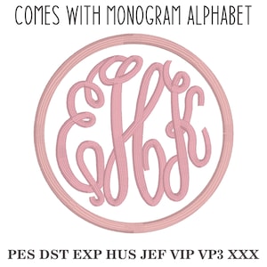 May include: Pink monogram embroidery design in a circle with the letters E, H, and F. The design is for embroidery machines and comes with a monogram alphabet. PES DST EXP HUS JEF VIP VP3 XXX