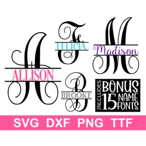 Split Monogram SVG + TTF Split Alphabet, Monogram Font + 15 Name Fonts Digital Download, Cut Files (individual svg/png/dxf files + TTF file)