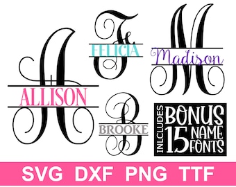 Split Monogram SVG + TTF Split Alphabet Font, Monogram Font + 15 Name Fonts, Instant Download, Cut Files