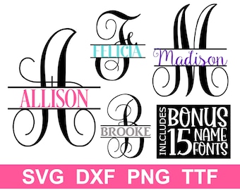 Split Monogram SVG + TTF Split Alphabet, Monogram Font + 15 Name Fonts Digital Download, Cut Files (individual svg/png/dxf files + TTF file)