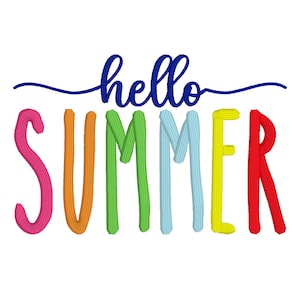May include: A colorful graphic design with the text "hello summer" in a blue cursive font. The word "summer" is in rainbow colors with each letter a different color.