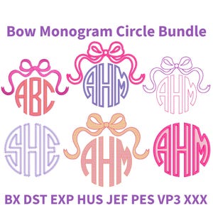 May include: A digital design bundle featuring six bow monogram circle designs. Each design includes a circle with letters or initials, topped with a bow and ribbons. The designs are in various colors, including pink, purple, and peach, with the text "Bow Monogram Circle Bundle" at the top.
