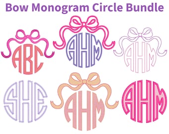 May include: A digital design bundle featuring six bow monogram circle designs. Each design includes a circle with letters or initials, topped with a bow and ribbons. The designs are in various colors, including pink, purple, and peach, with the text "Bow Monogram Circle Bundle" at the top.