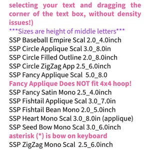 May include: A list of scalable BX fonts for embroidery, including Baseball Empire, Circle Applique, Fancy Applique, Satin Mono, Fishtail, Heart Mono, Seed Bow, ZigZag Mono, and CrossStitch. Sizes range from 5.08 to 20.32 cm for middle letters.