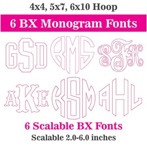 6 Monogram BX Embroidery Font Bundle: Bean Stitch Outline, 6 Scalable Fonts, 3D Puff, Reverse Applique (Instant Download)