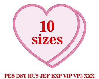 Può includere: Design a forma di cuore rosa con il testo "10 dimensioni" in rosso. PES DST HUS JEF EXP VIP VP3 XXX.