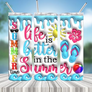 La vida es mejor en verano (PNG), vaso inflado 3D de verano (PNG), vaso delgado de 20 oz (PNG), sublimación 3D (PNG), descarga instantánea