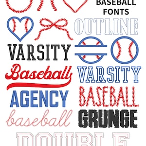 May include: A white background displays various baseball-themed fonts in red, blue, and black. The text includes "VARSITY", "BASEBALL", "AGENCY", and "DOUBLE". The image also features baseball stitch designs and the text "16 BX & PES BASEBALL FONTS" and "BX & PES Format ONLY!"