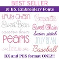 10 BX Embroidery Fonts Bundle – Best Selling Cursive, Bean Stitch, Pearls, Satin, Coquette Bow Alphabet, BX and PES Format, Instant Download