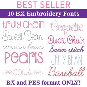 Può includere: Un'immagine con 10 font per ricamo in vari stili, tra cui lettere corsive e a blocchi. I font sono visualizzati in rosa, viola e blu. Il testo "BEST SELLER" e "10 BX Embroidery Fonts" si trova nella parte superiore.